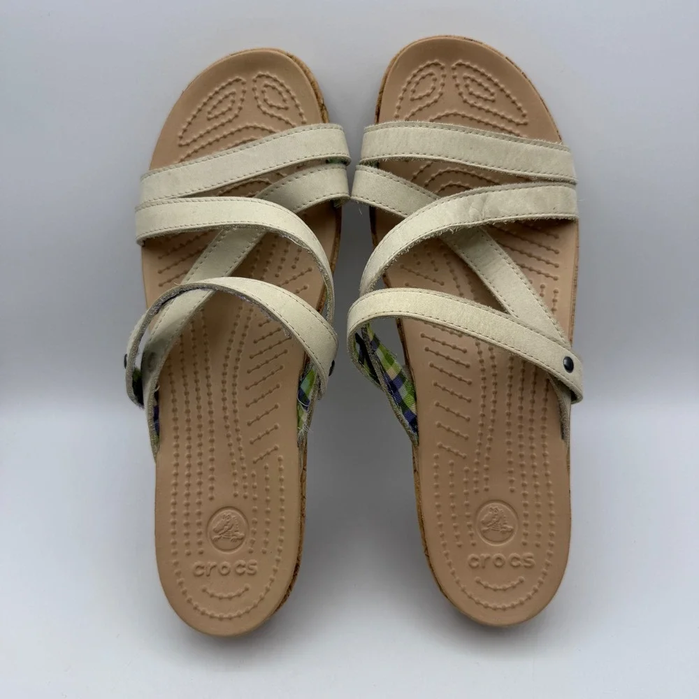 Crocs A-Leigh‎ Wedge Sandals Cork Platform Strappy Casual Beige Women's Size 10
